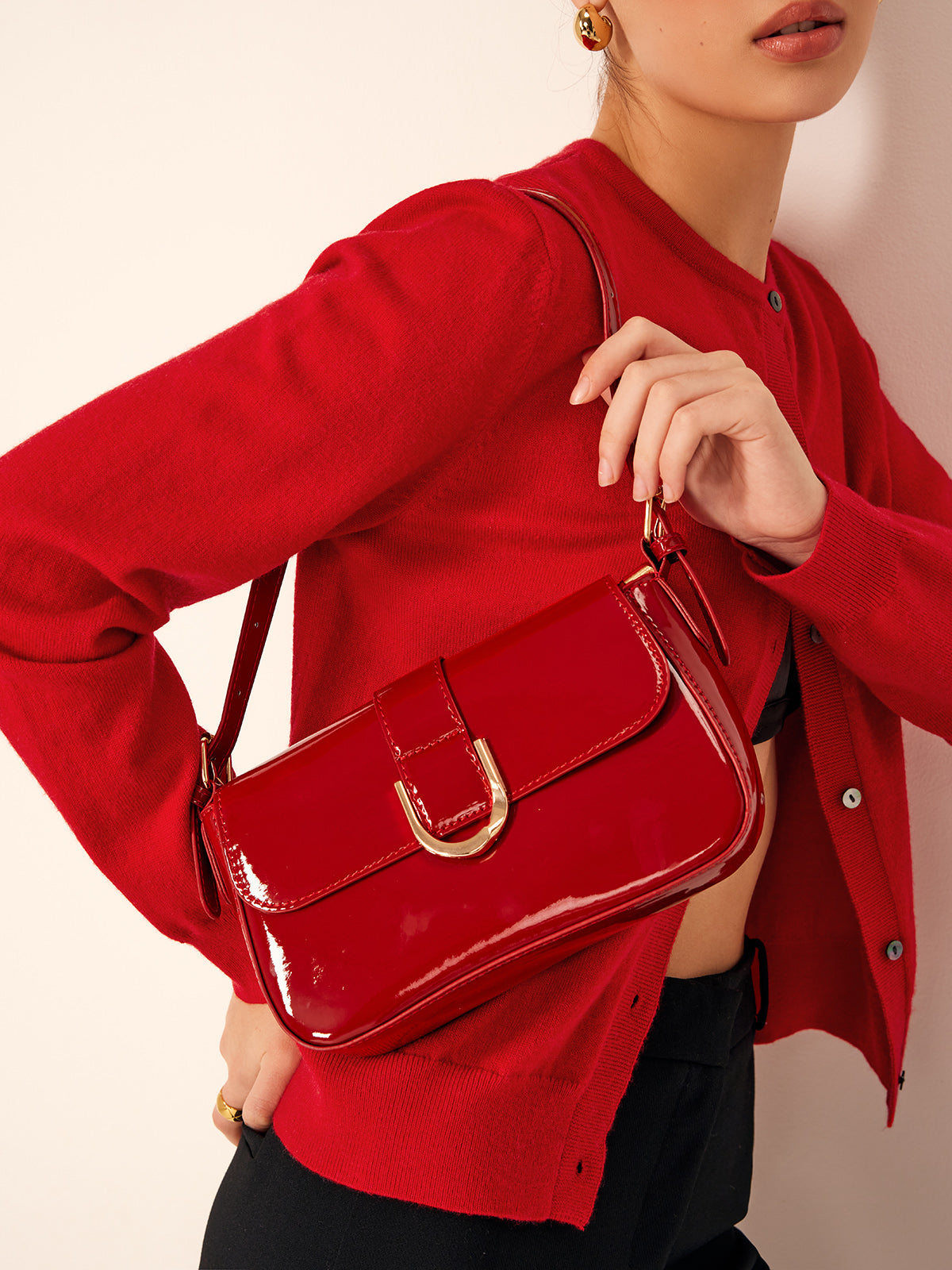 Aurelle Glossy Buckle Shoulder Bag
