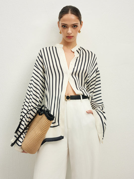 Satin Striped Button-Up Blouse